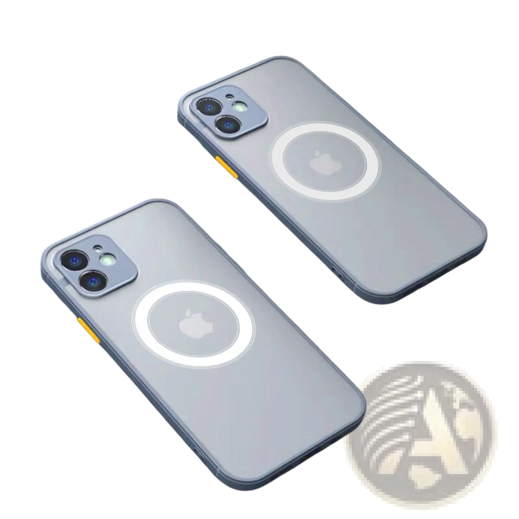 Back view of a silver iPhone 13 with a transparent mag safe case featuring an illuminated ring and red matte finish accents