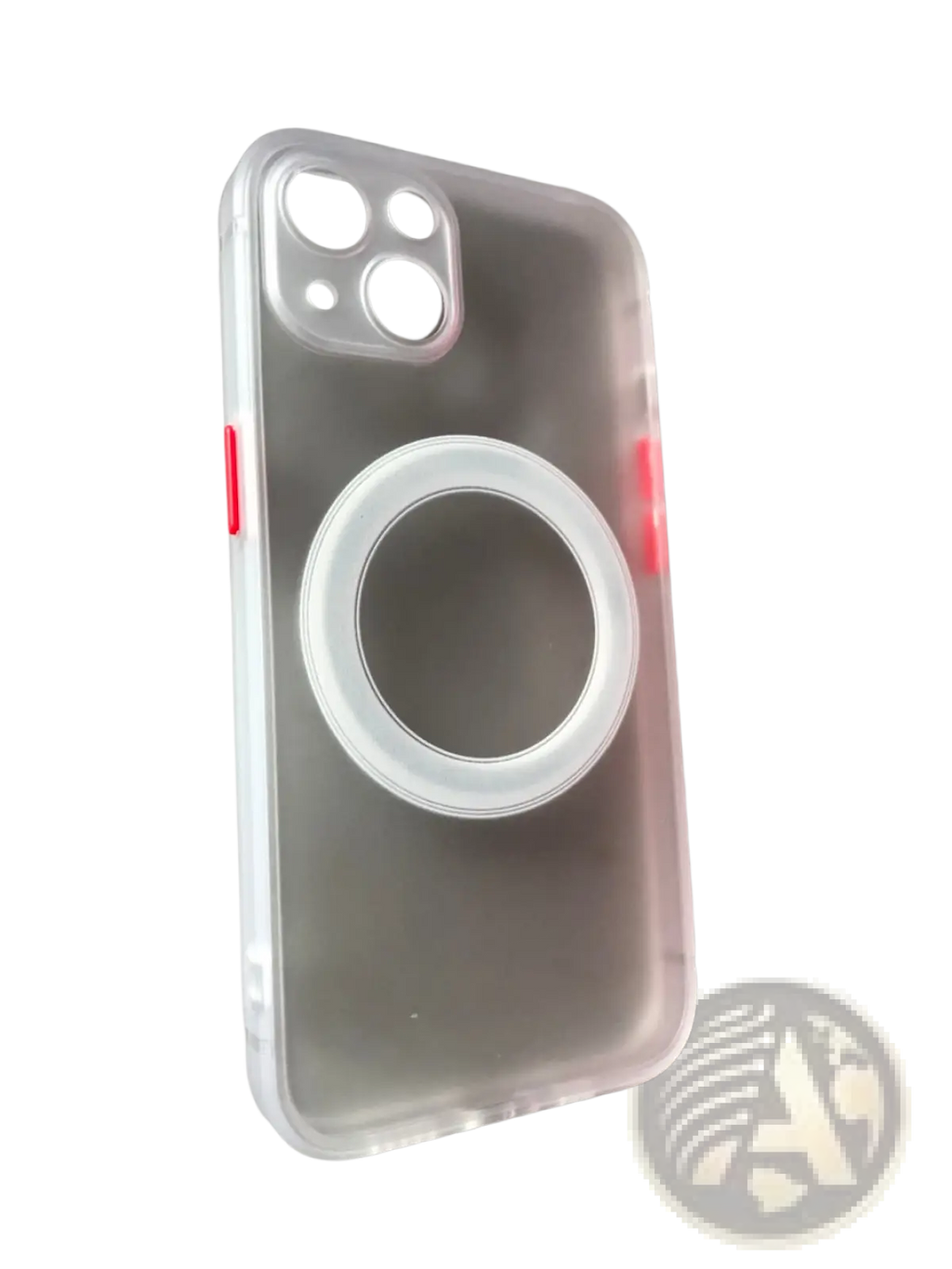 Back side of a transparent magsafe iphone 13 case with matte finish, white ring holder, and red accent strips