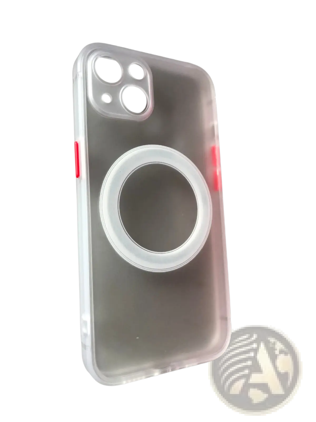 Back side of a transparent magsafe iphone 13 case with matte finish, white ring holder, and red accent strips