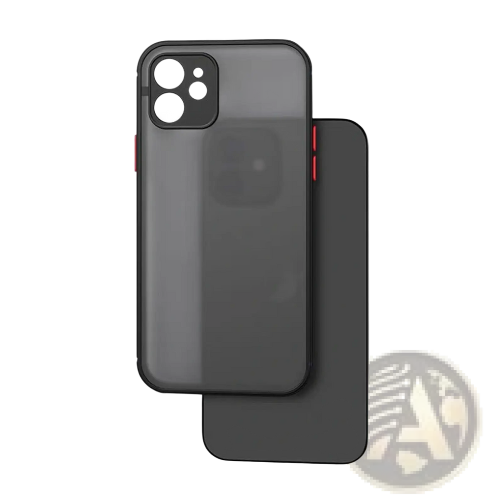 Transparent black magsafe iphone 13 case with matte finish and red accent trim shown from the back side
