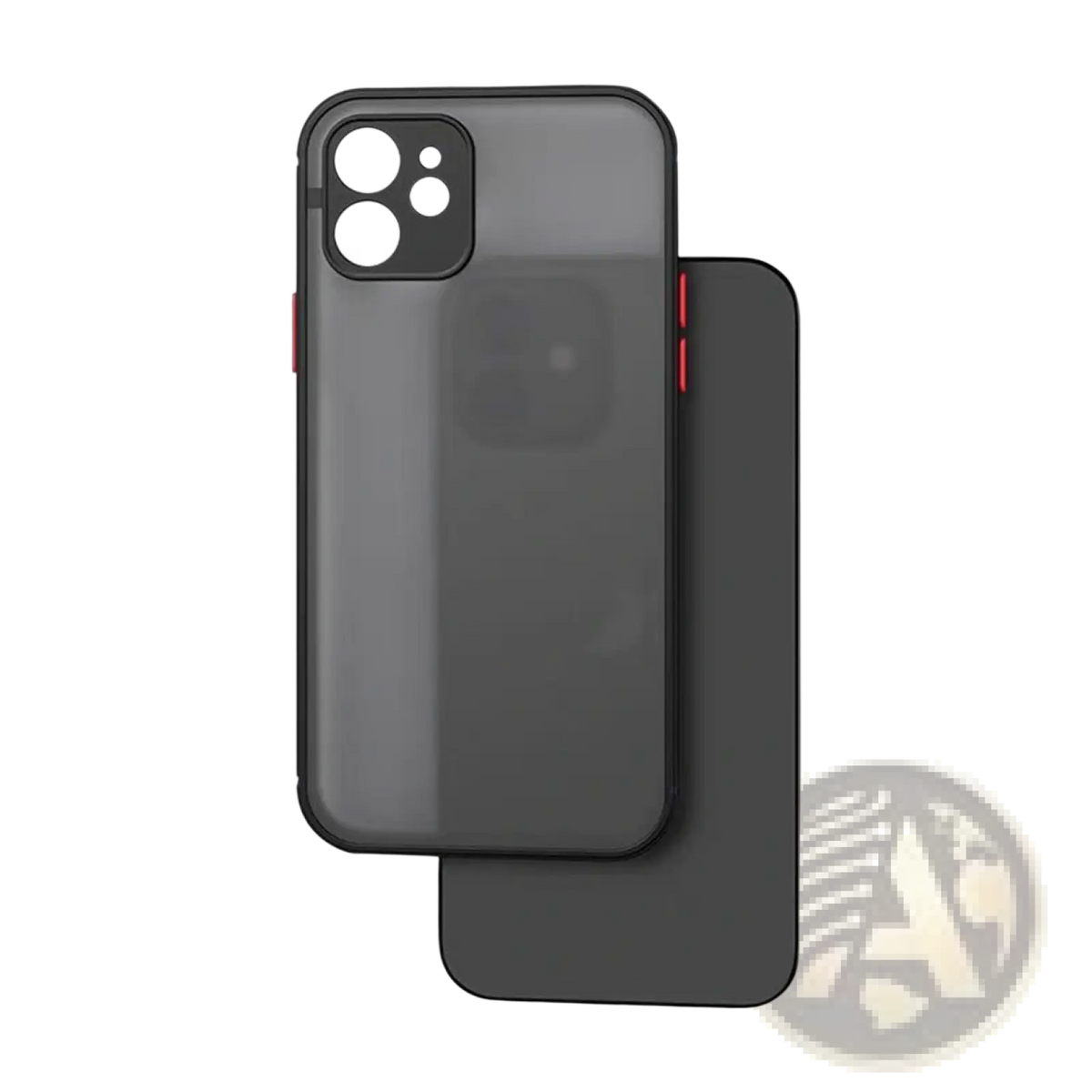Transparent black magsafe iphone 13 case with matte finish and red accent trim shown from the back side