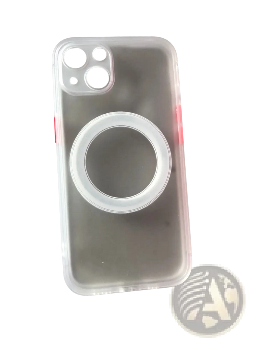 Back side of clear silicone magsafe iphone 13 case with white circular ring stand and matte finish red accent