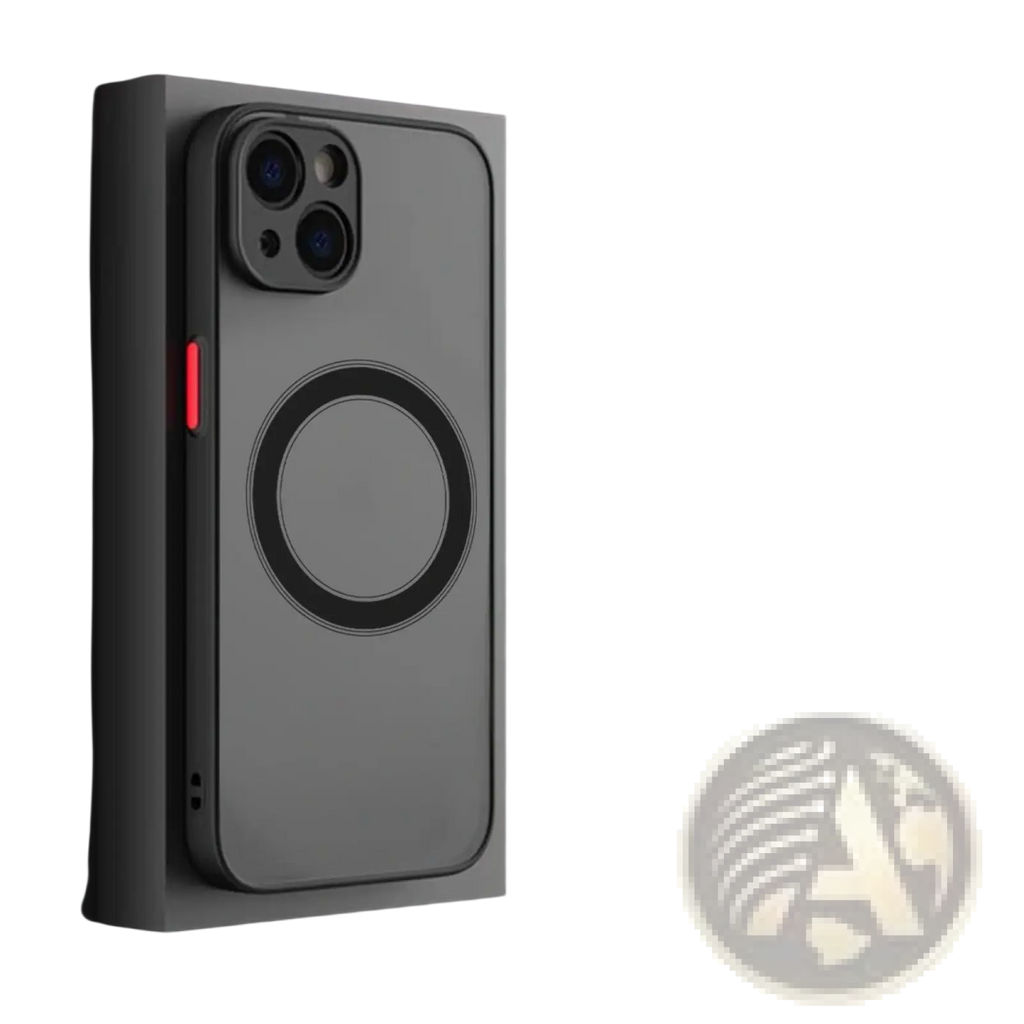 Back side of a gray magsafe iphone 13 case with a matte finish circular magnetic charging pad and red accent on the side