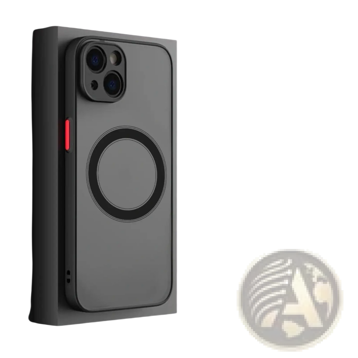 Back side of a gray magsafe iphone 13 case with a matte finish circular magnetic charging pad and red accent on the side