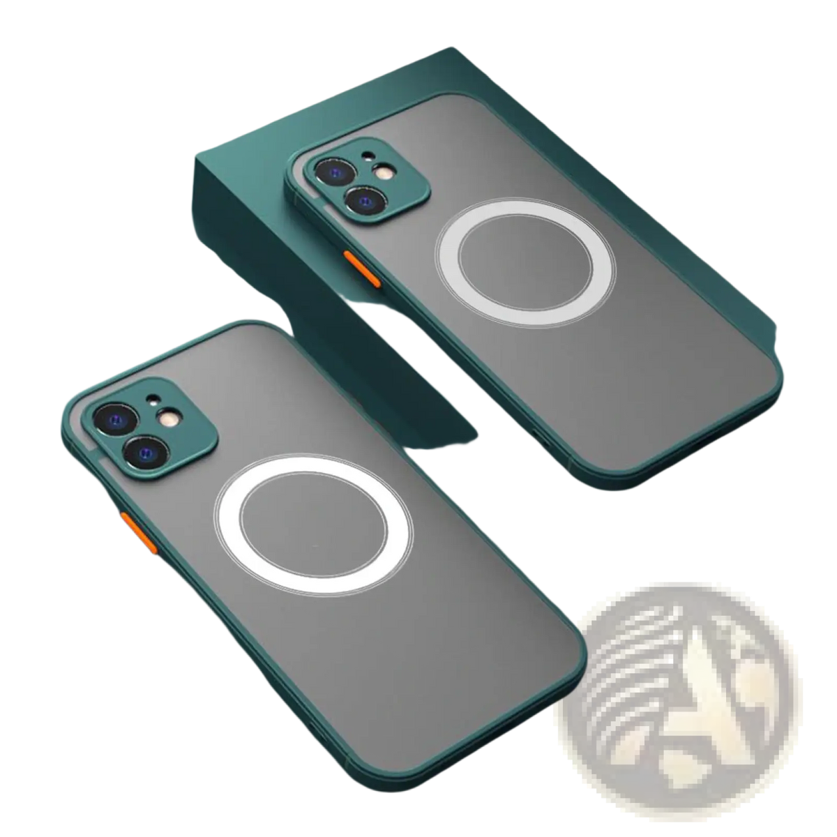 Teal-framed magsafe iphone 13 case with transparent back and illuminated circular magnetic charging ring red accent matte finish