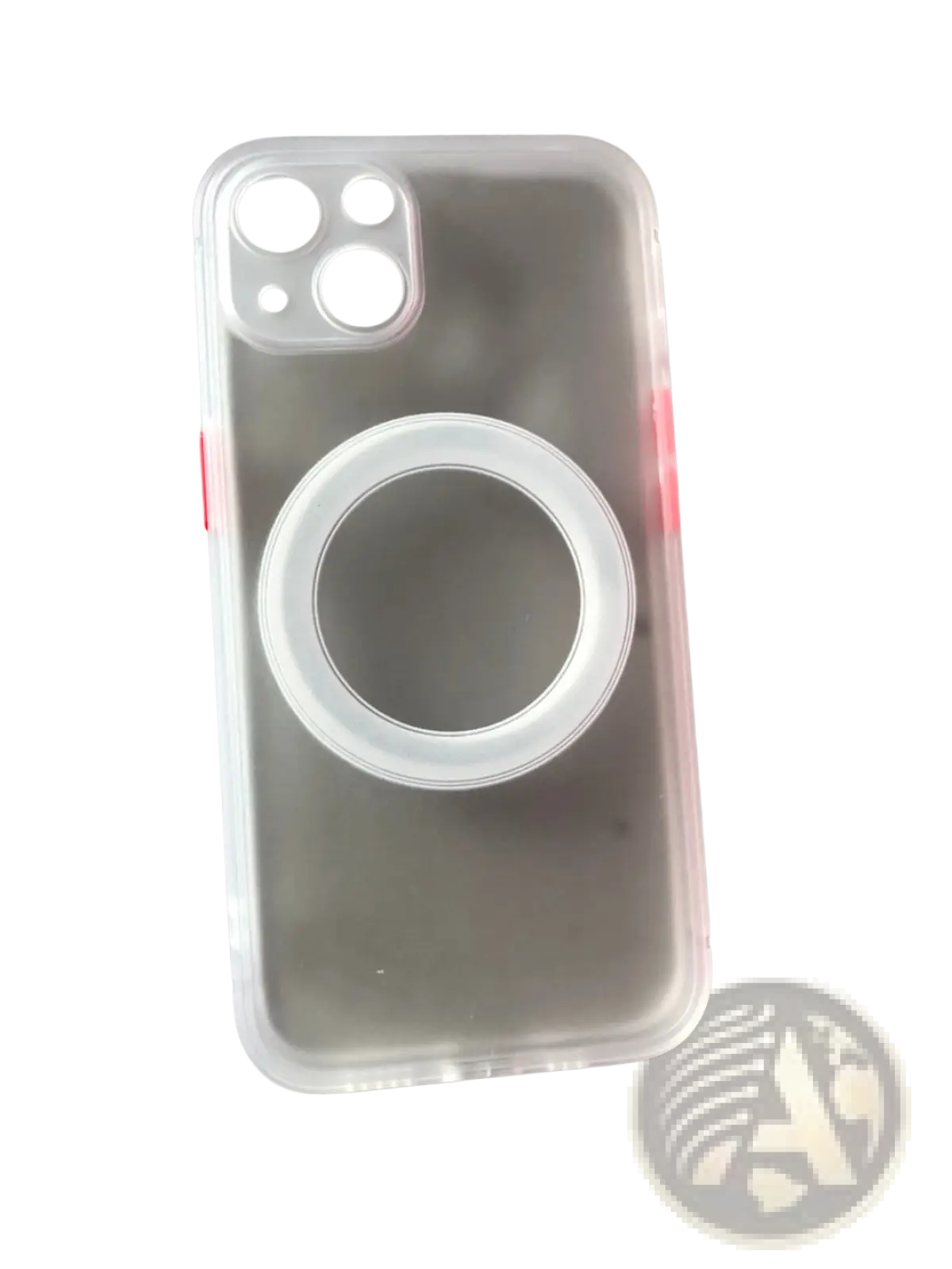 Back side of a clear silicone magSafe iPhone 13 case with a white circular ring stand and red matte finish accents