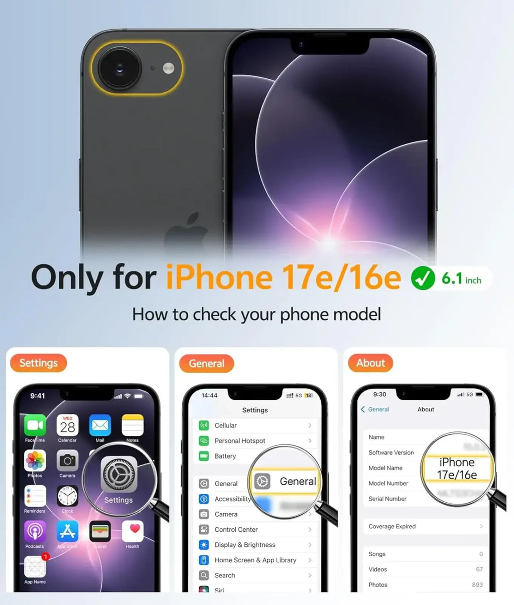 Black iphone 16e with gold camera ring shown from the back with magsafe matte case and screen protector