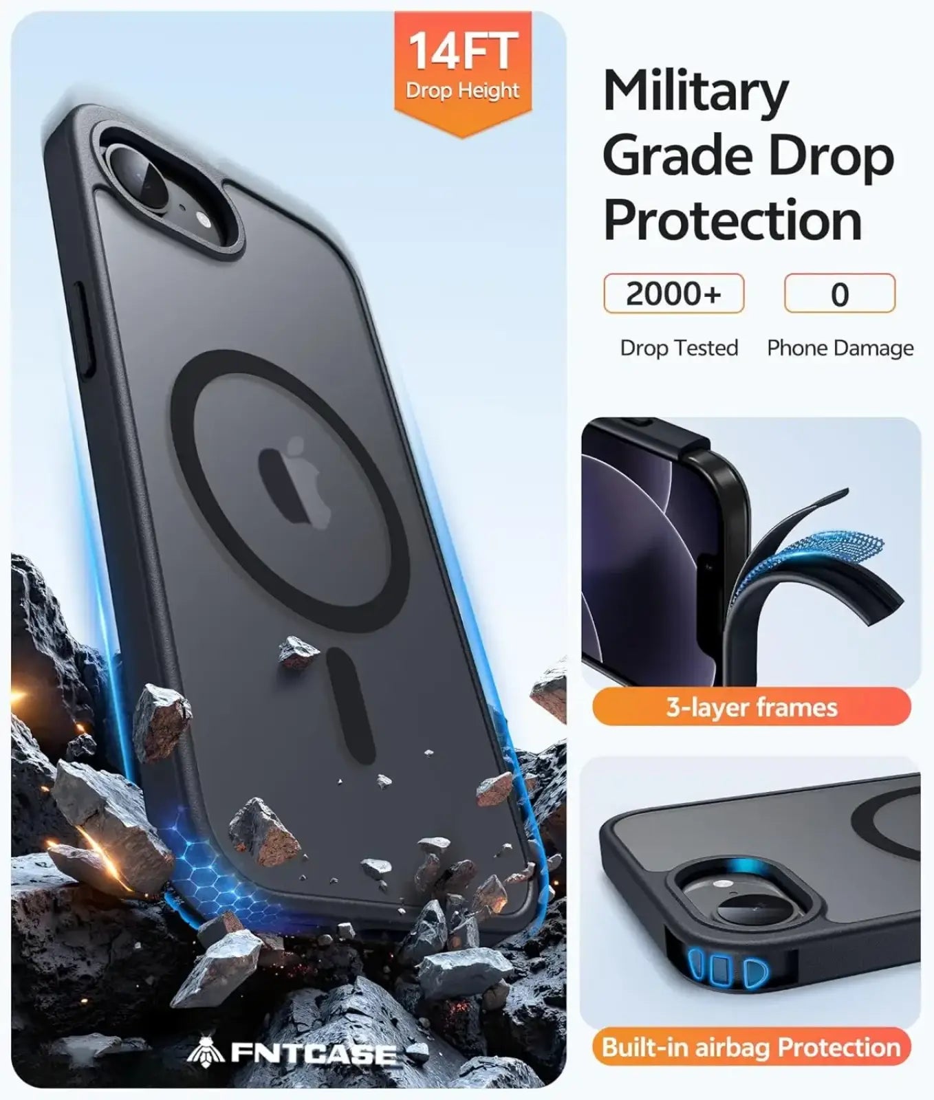 Back side of a black matte magsafe iPhone 16e case with transparent back panel and magnetic charging circle design