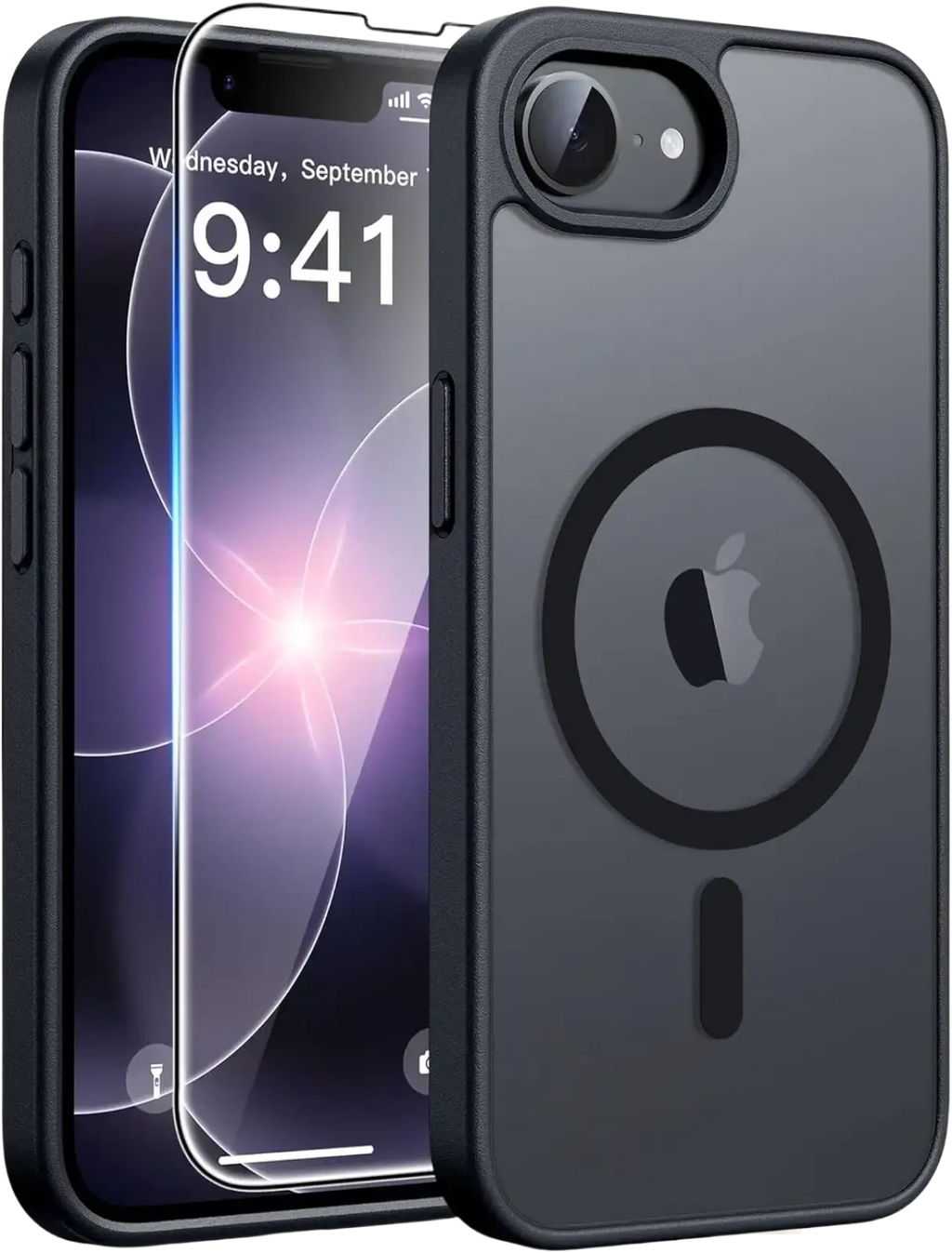 Back view of black magsafe iphone 16e matte case with circular magsafe charging pad design and matte finish