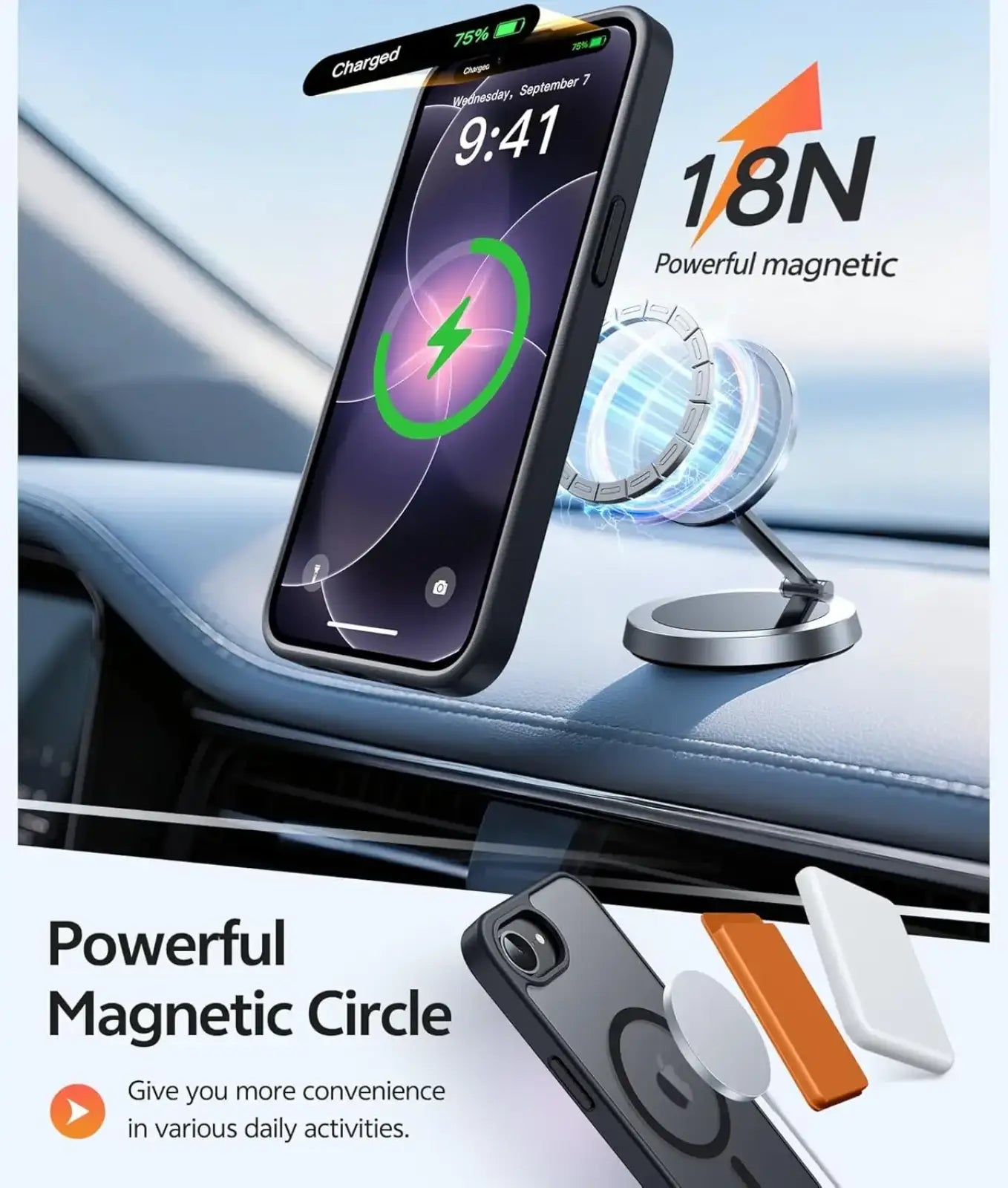 Black magnetic phone mount with circular base and adjustable arm for secure wireless charging on car dashboards