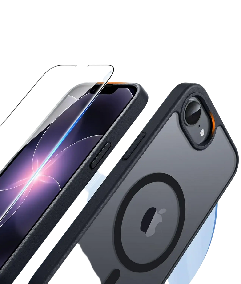 Black magsafe iphone 16e matte case back with circular magsafe design and raised edges for screen and camera protection