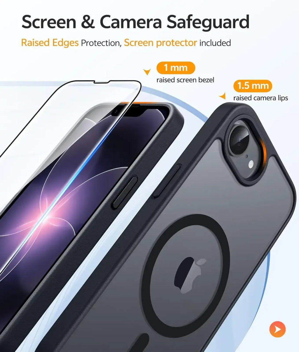 Black magsafe iphone 16e matte case back with circular magsafe design and raised edges for screen and camera protection
