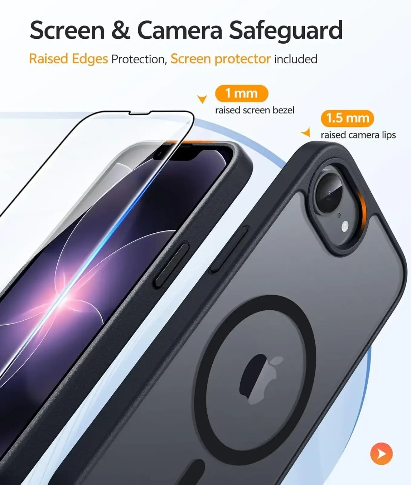 Black magsafe iphone 16e matte case back with circular magsafe design and raised edges for screen and camera protection