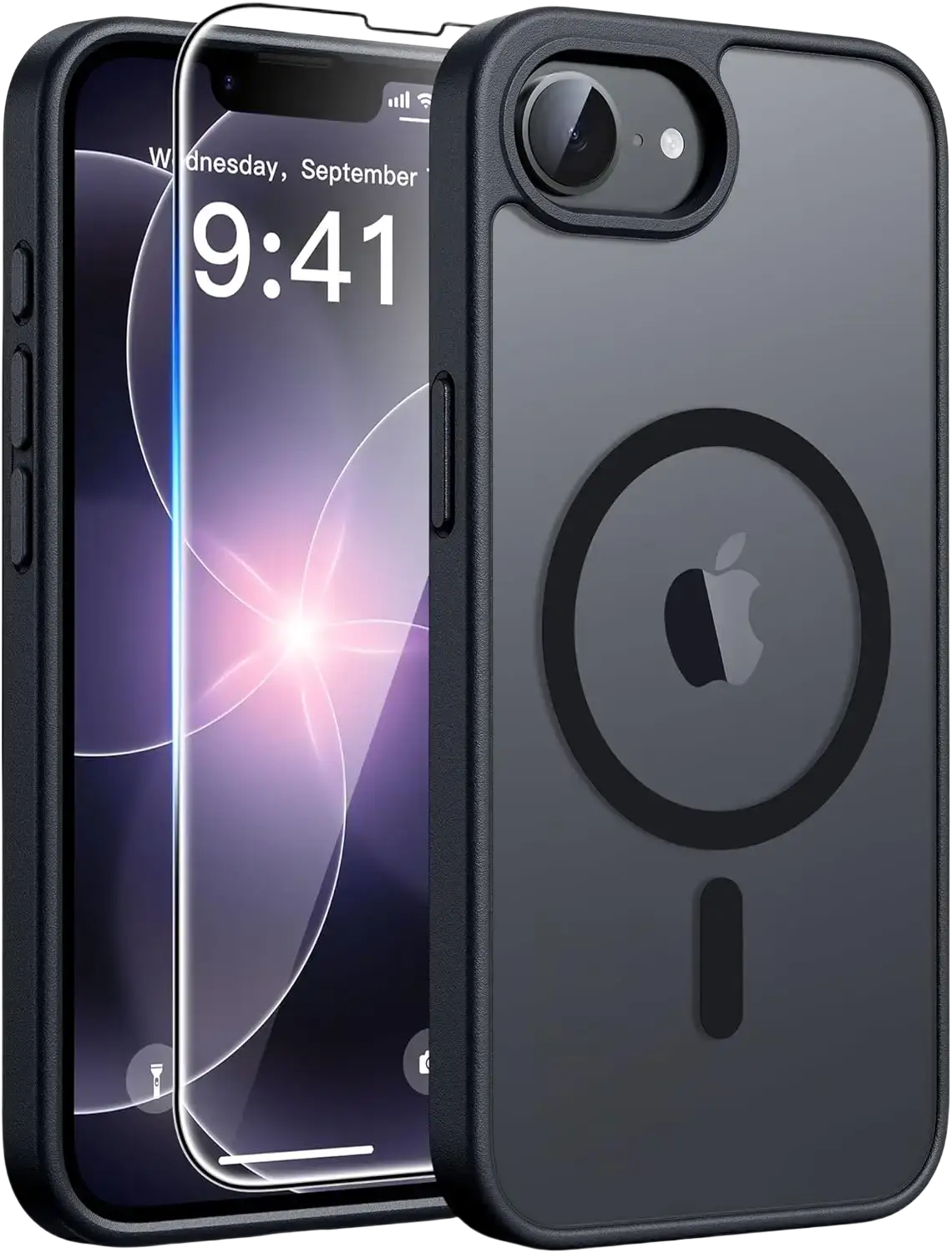 Back view of black magsafe iphone 16e matte case with circular magsafe charging pad design and matte finish