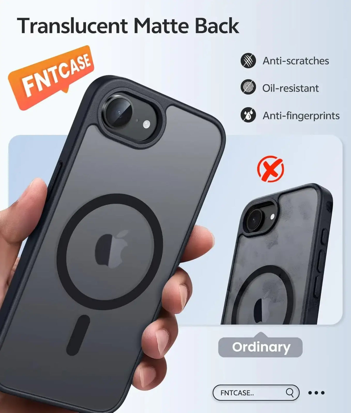 Black translucent matte magsafe iphone 16e case back with circular magnetic charging pad design and apple logo cutout