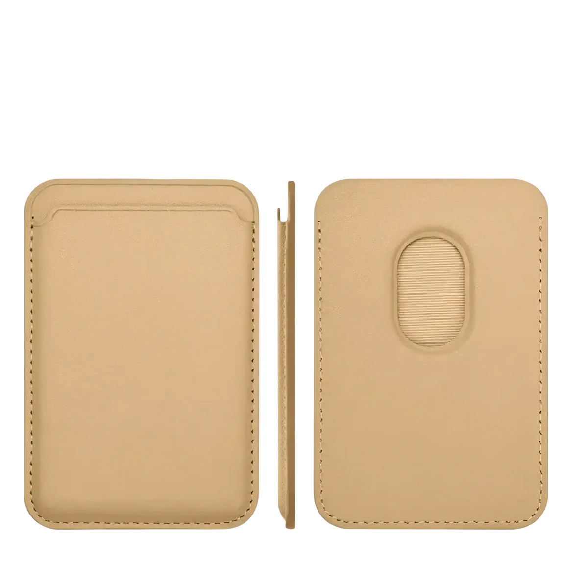 Beige leather magsafe wallet card holder for iPhone with magnetic closure and textured oval accent