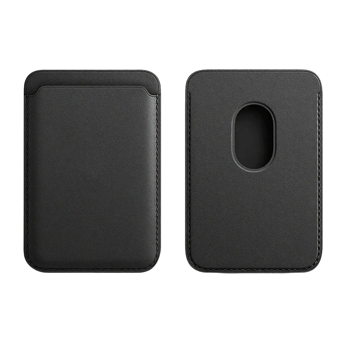 Black leather magsafe wallet card holder with stitched edges and magnetic slot for cards for iphone use