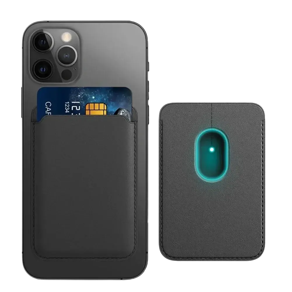 Black leather magsafe wallet card holder for iphone with magnetic suction and glowing teal oval accent on the back side