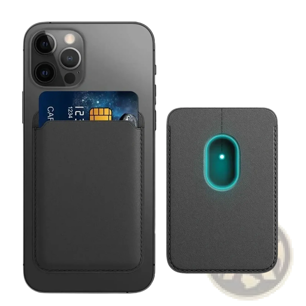 Black leather magsafe wallet card holder for iphone with magnetic suction and glowing teal oval accent on the back side