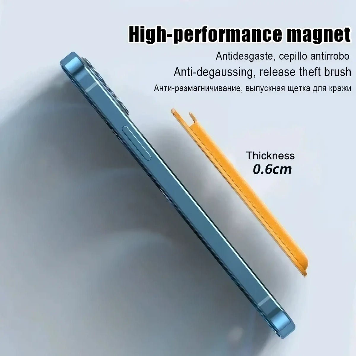 Blue iphone with sleek metallic edge and integrated camera module shown from the back with magsafe leather wallet card holder