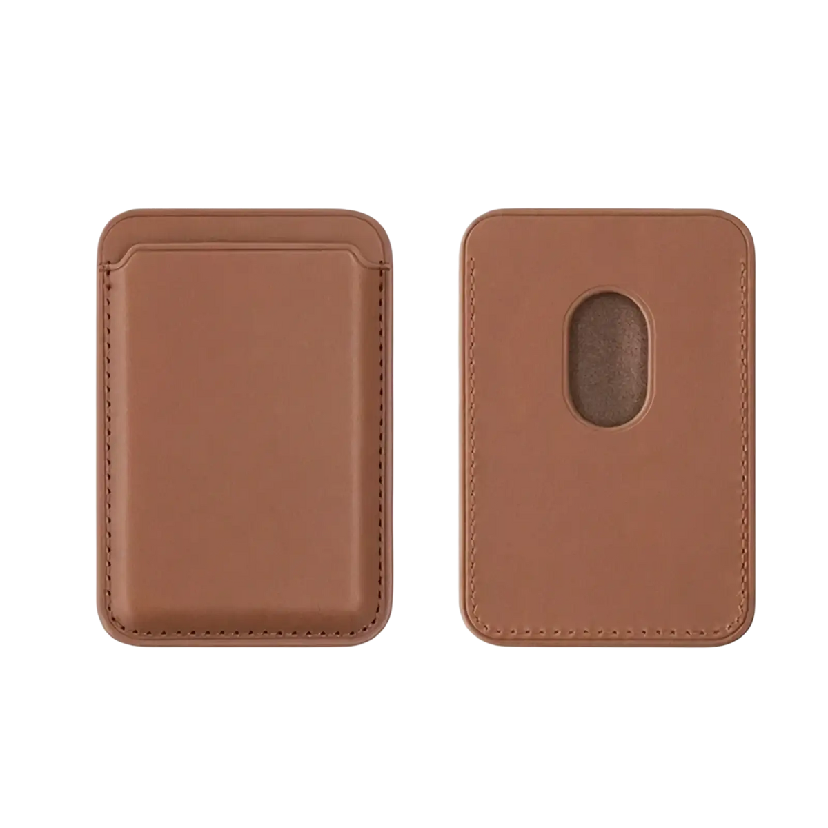 Brown leather magsafe wallet card holder for iphone with magnetic closure and single card slot visible from back side