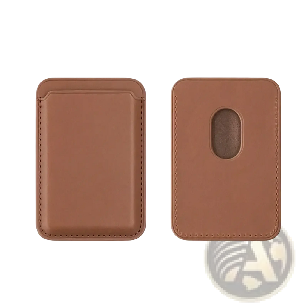 Brown leather magsafe wallet card holder for iphone with magnetic closure and single card slot visible from back side