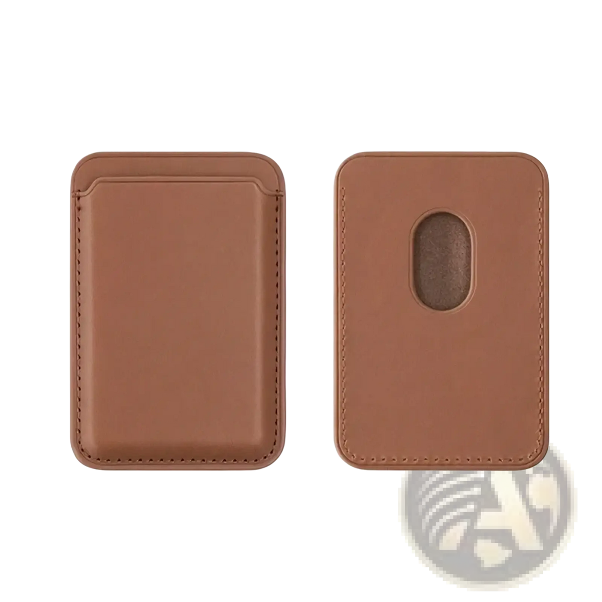 Brown leather magsafe wallet card holder for iphone with magnetic closure and single card slot visible from back side