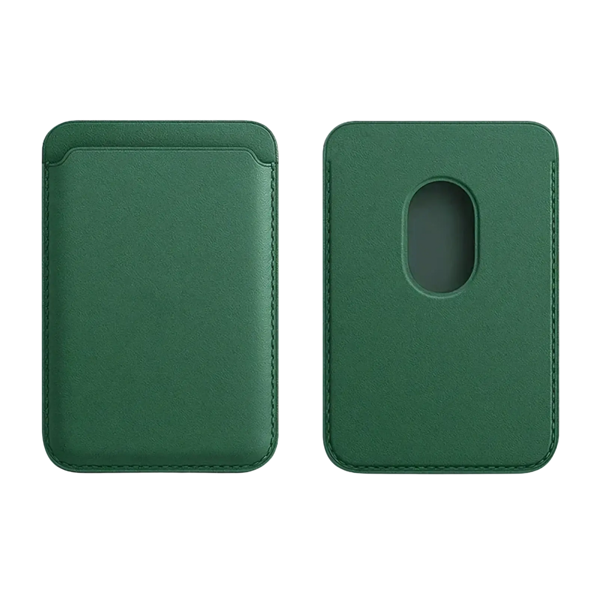 Dark green leather magsafe wallet card holder for iphone showing the back with stitched edges and a single slot