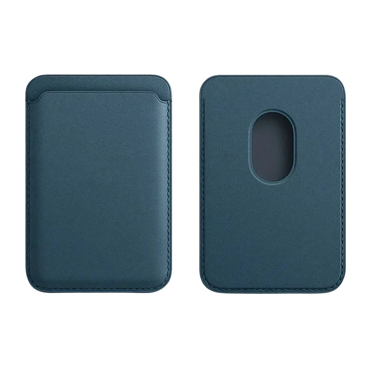 Dark teal leather magsafe wallet card holder for iphone showing stitched edges and circular cutout on the back side