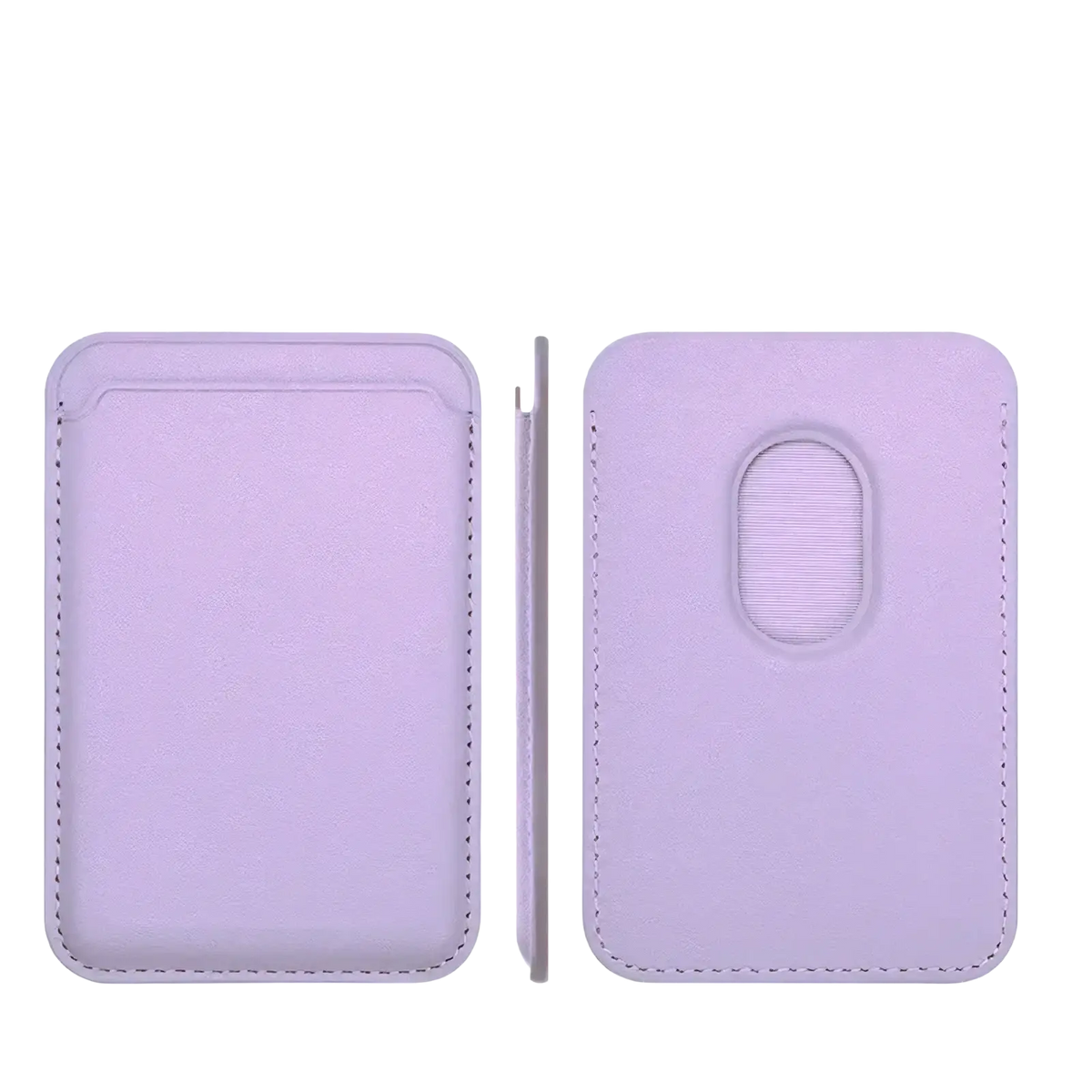 Back side of a lavender leather magsafe card holder for iphone with magnetic closure and oval grip