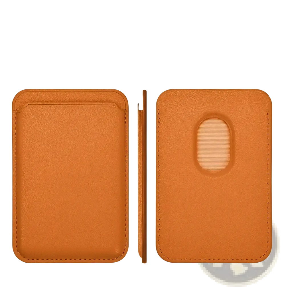 Tan leather magsafe wallet card holder for iphone with magnetic strip and oval cutout for magsafe compatibility