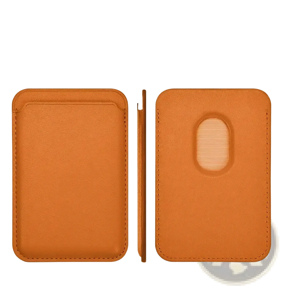 Tan leather magsafe wallet card holder for iphone with magnetic strip and oval cutout for magsafe compatibility