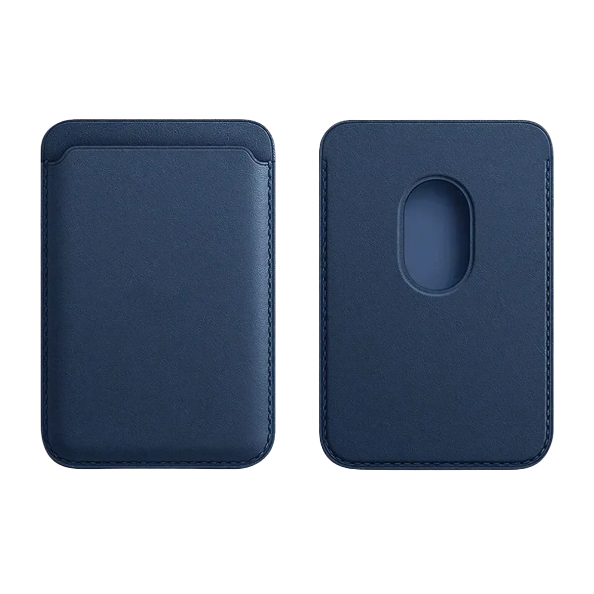 Navy blue leather Magsafe wallet card holder for iPhone with stitched edges and a magnetic slot for cards