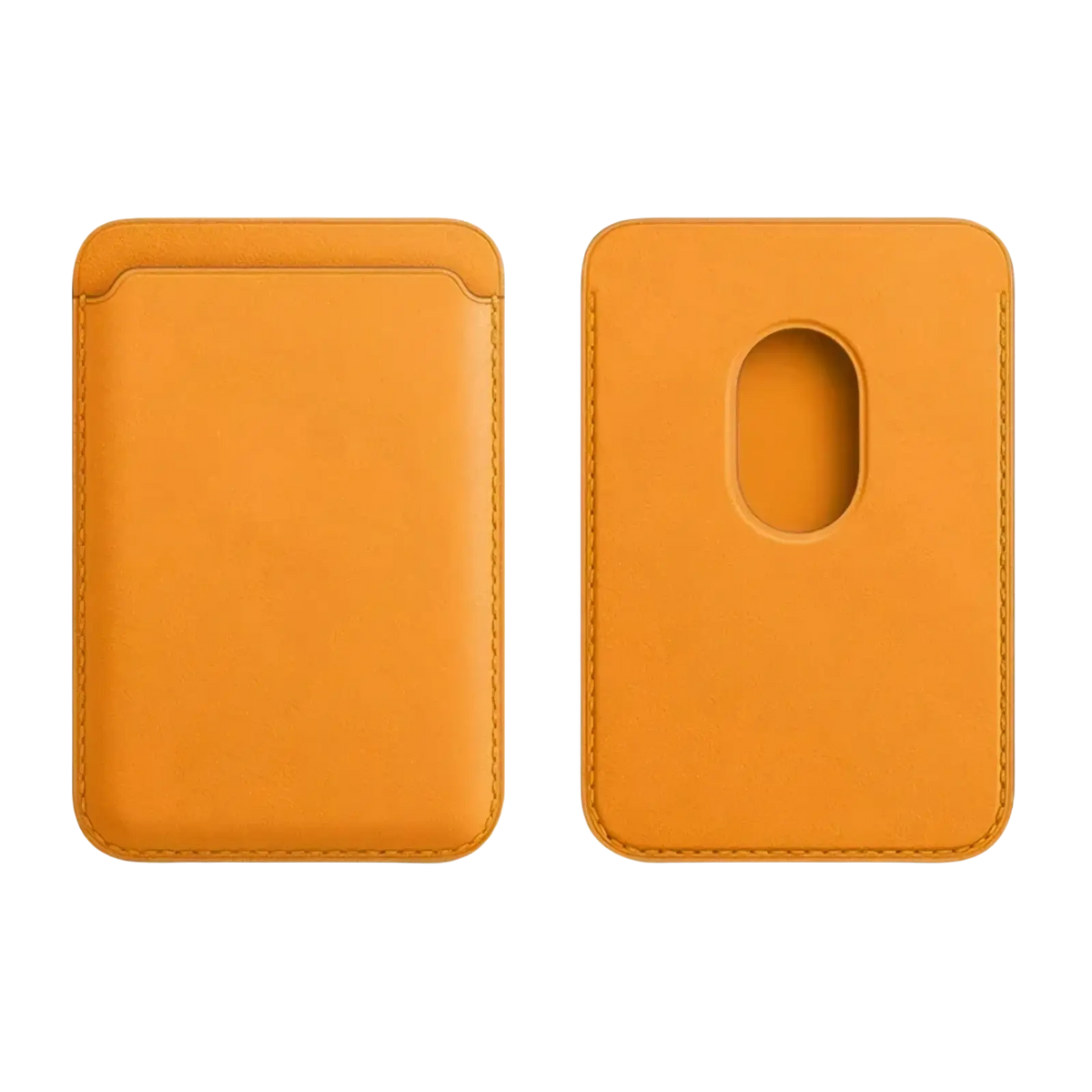 Orange leather magsafe wallet card holder for iphone featuring a magnetic slot and stitched edges