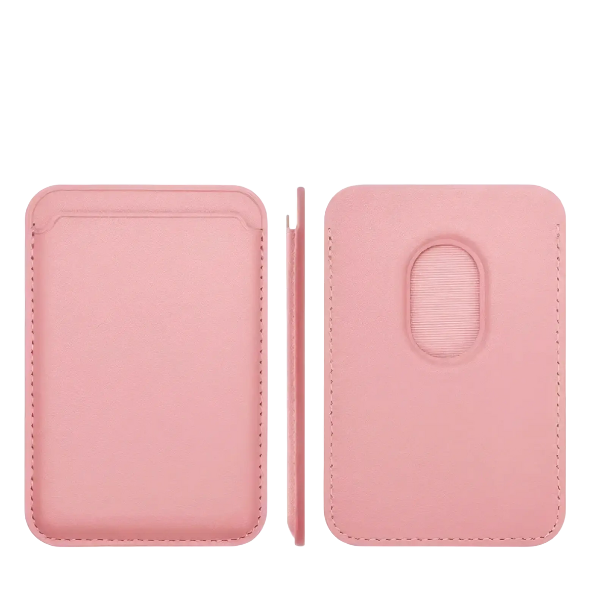 Pink leather magsafe wallet card holder for iphone with magnetic closure showing the back side with textured grip