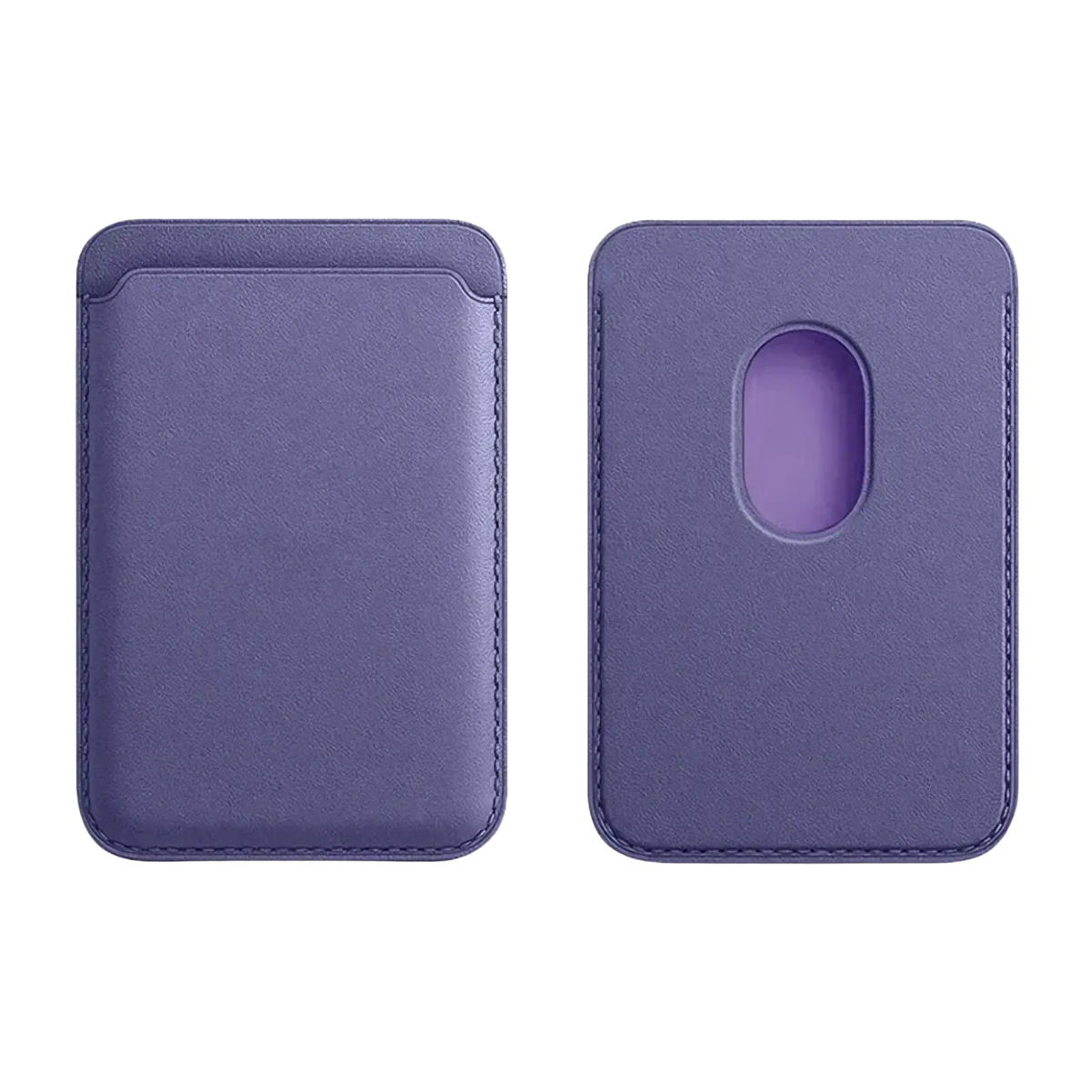 Purple leather magsafe wallet card holder for iphone showing back with magnetic strip and oval cutout