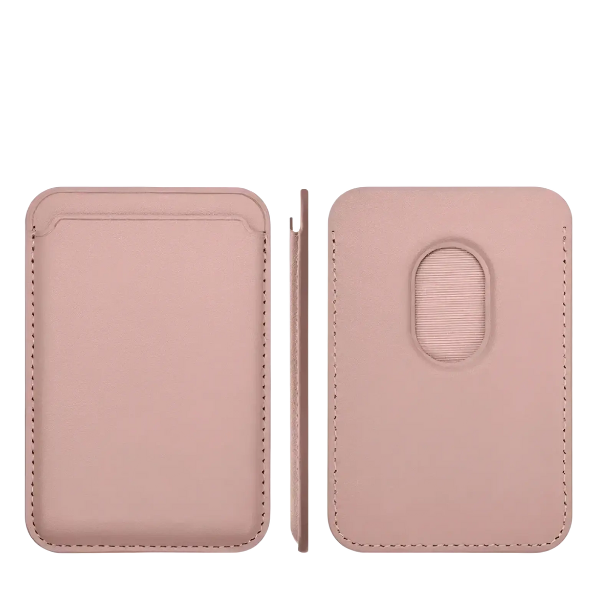 A sleek rose gold leather magsafe wallet card holder for iPhone with magnetic closure and oval-shaped grip on the back side