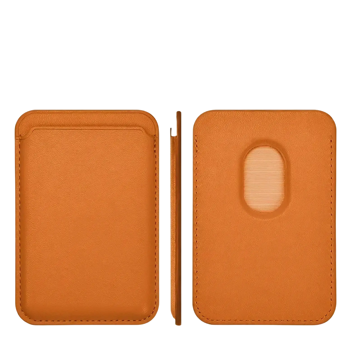 Tan leather magsafe wallet card holder for iphone with magnetic strip and oval cutout for magsafe compatibility