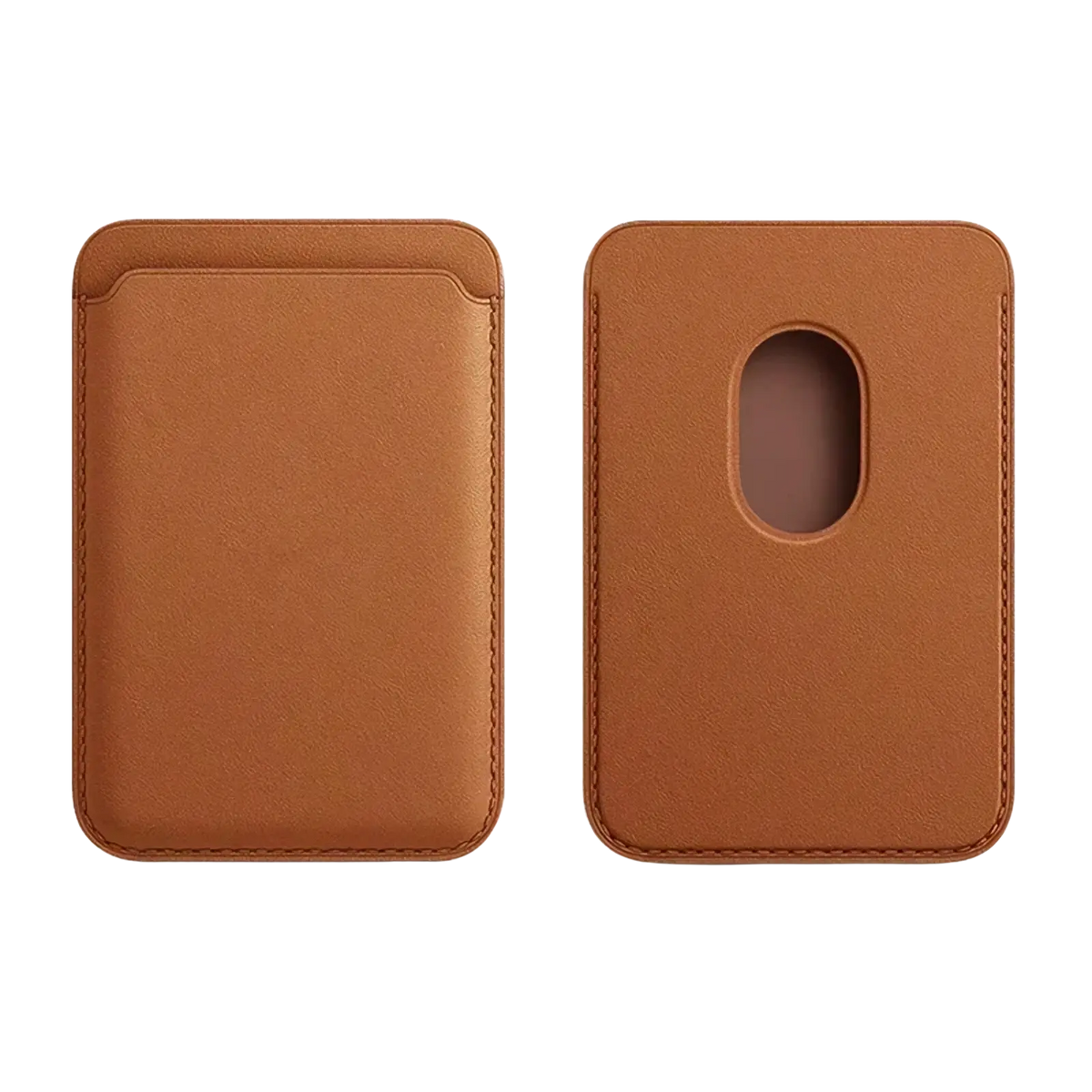 Tan leather Magsafe wallet card holder with stitched edges and a single oval slot for iPhone cards