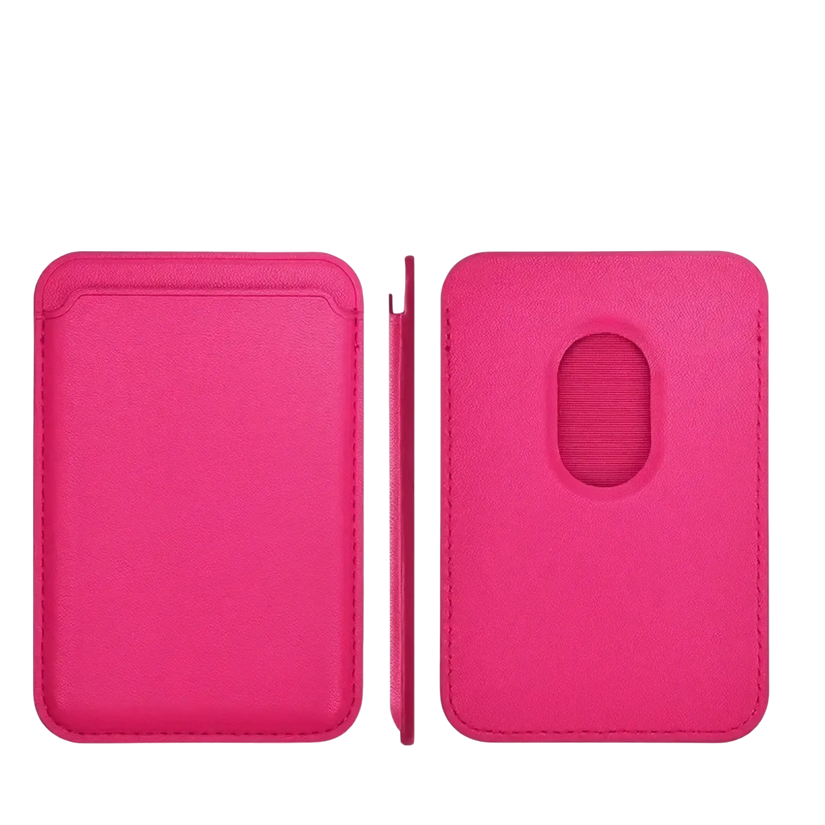 Vibrant pink leather magsafe wallet card holder for iphone showing back side with stitched edges and oval cutout