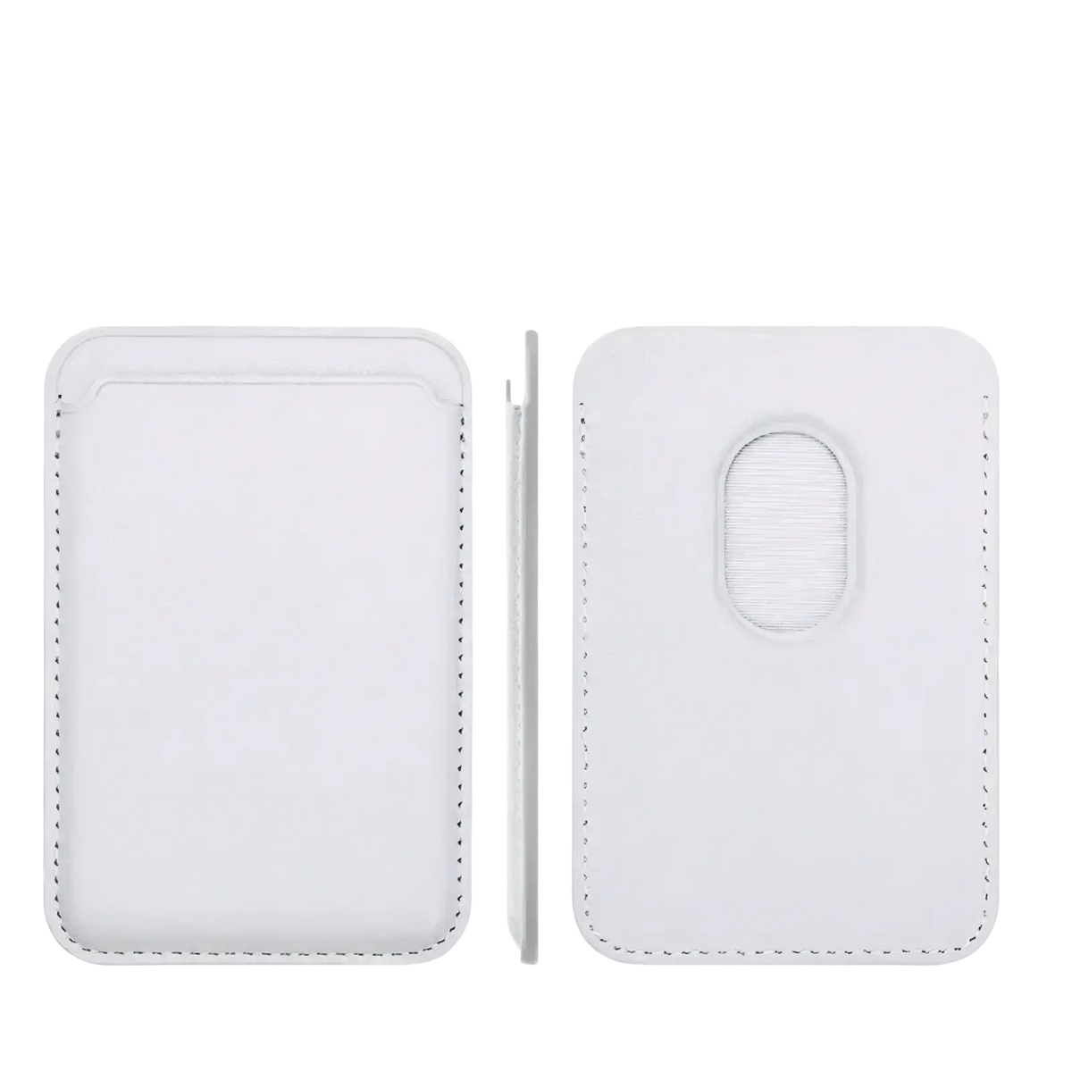 White leather magsafe wallet card holder for iPhone with minimalist design, stitched edges, and oval cutout on back side