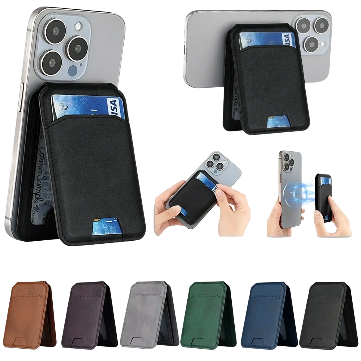 Black leather wallet card holder with magnetic closure and multiple card slots for magsafe iphone case use