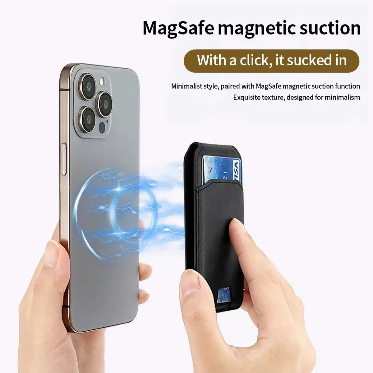 Black leather card holder with magsafe magnetic suction function for iphone case shown from the back side