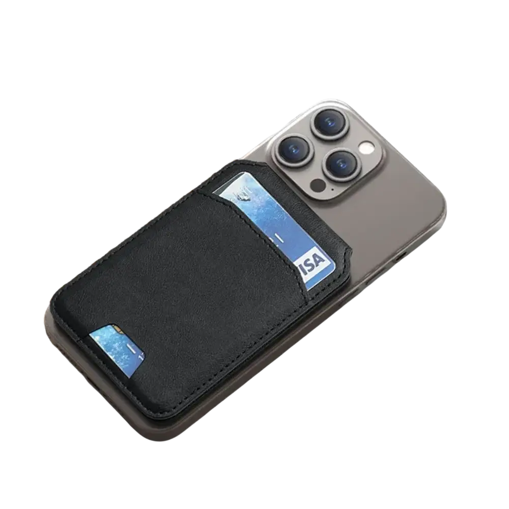 Black leather magsafe wallet card holder attached to the back of a silver iphone case