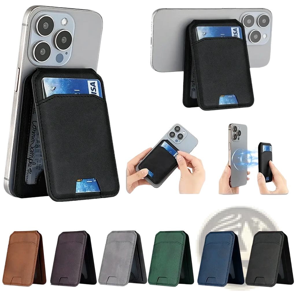 Black leather wallet card holder with magnetic closure and multiple card slots for magsafe iphone case use