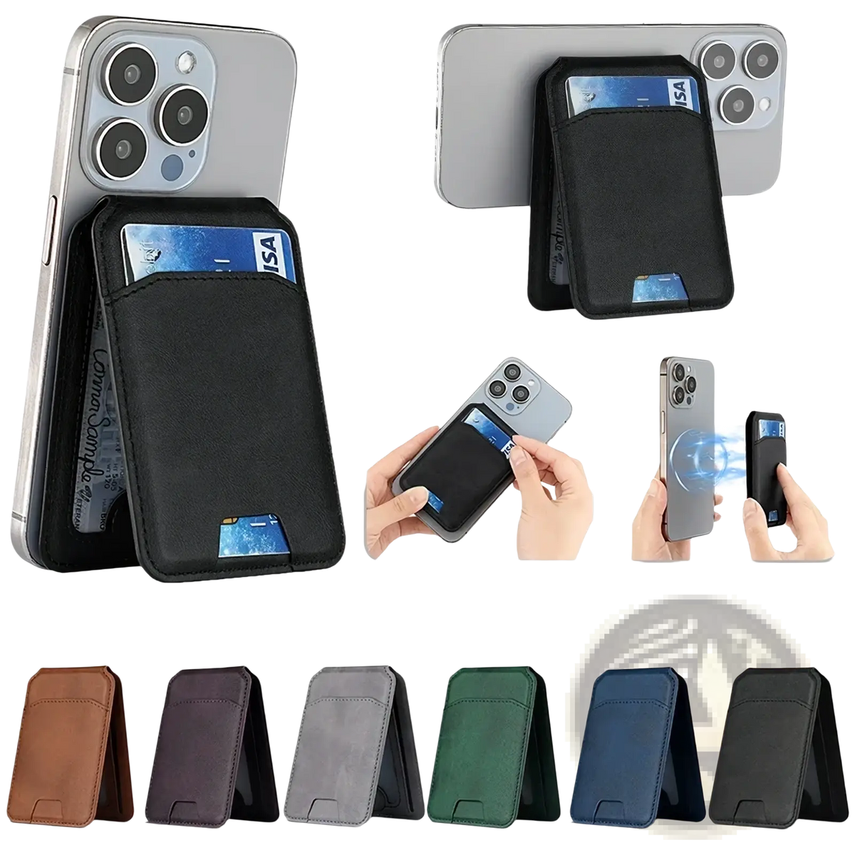 Black leather wallet card holder with magnetic closure and multiple card slots for magsafe iphone case use