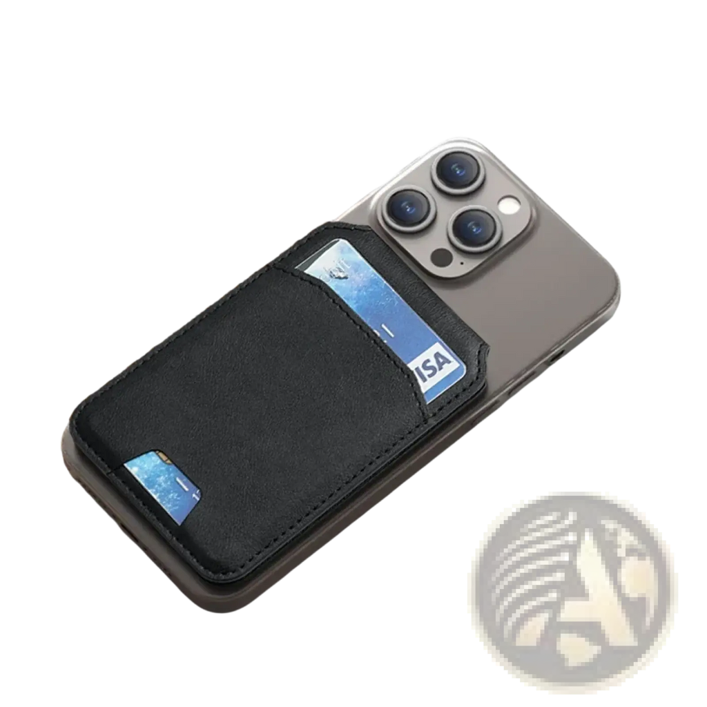 Black leather magsafe wallet card holder attached to the back of a silver iphone case
