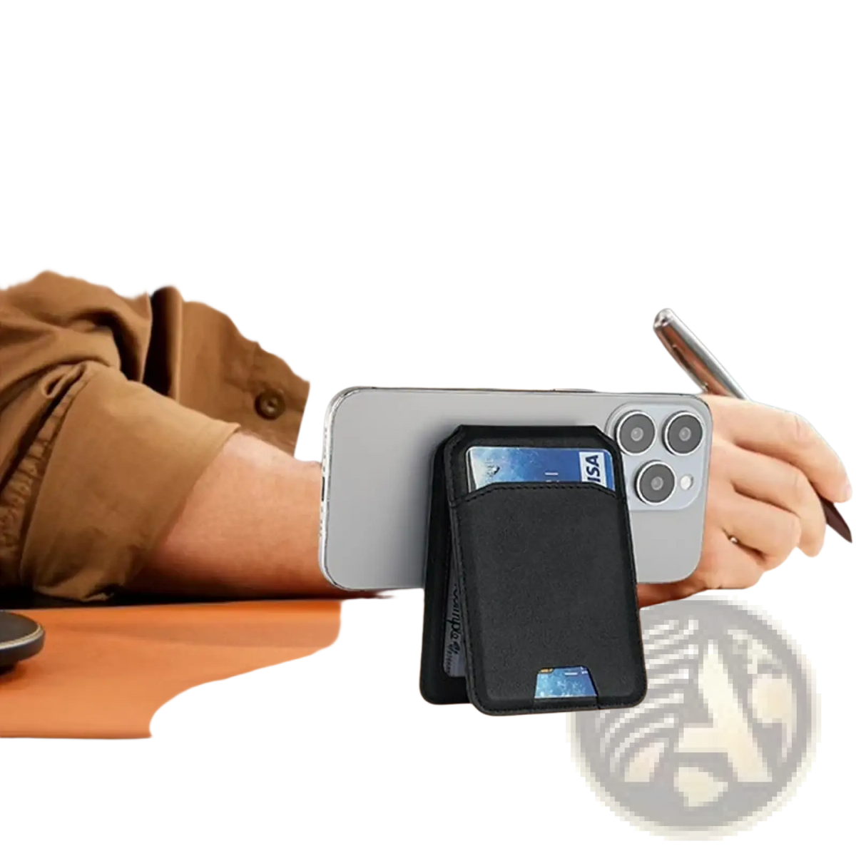 Black leather mag safe wallet with multiple card slots positioned upright next to a silver iphone smartphone