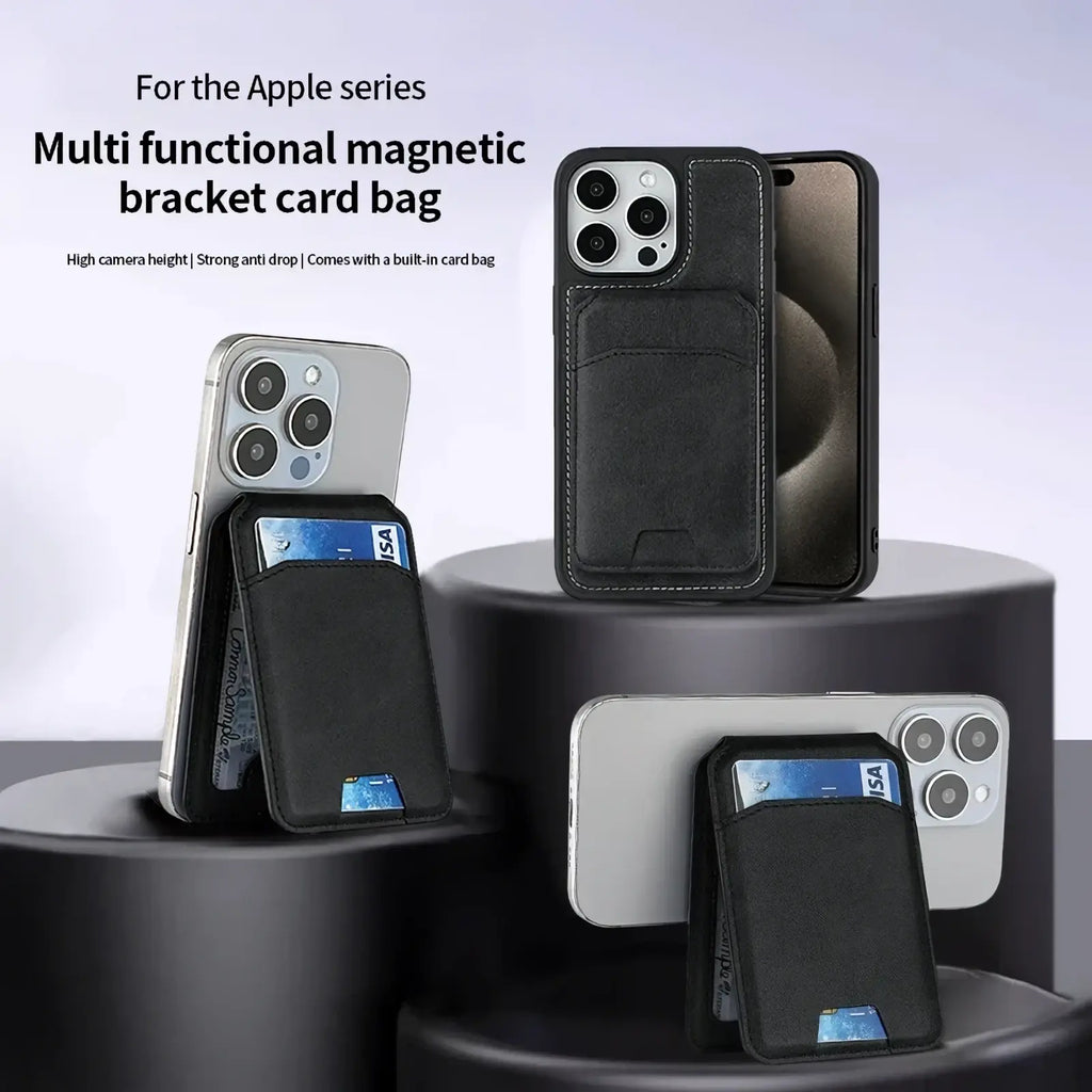 Black leather magnetic bracket card bag for apple series phones shown from the back side in magsafe leather wallet iphone case