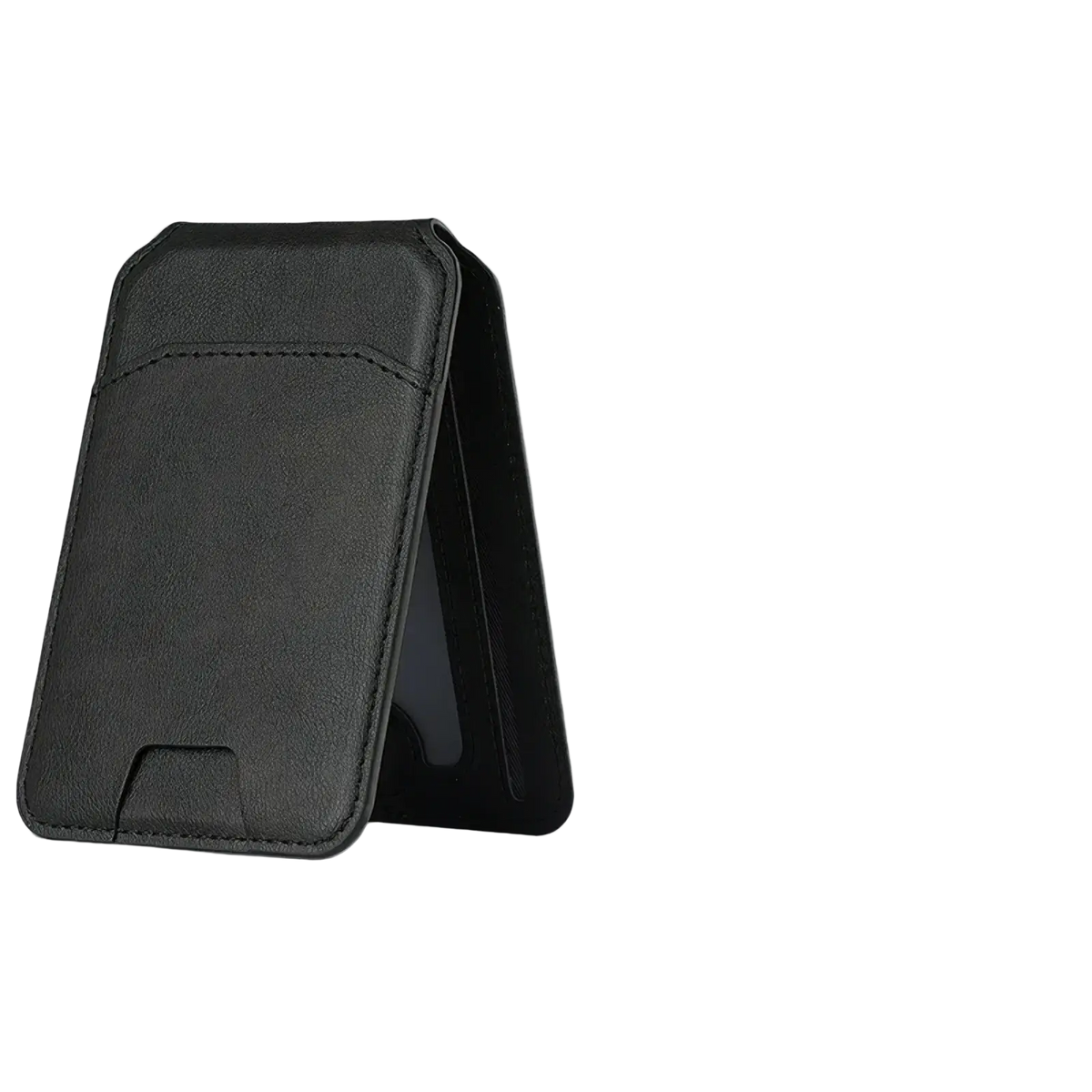Black magsafe leather wallet iphone case showing the back with magnetic card bag and skin-friendly texture